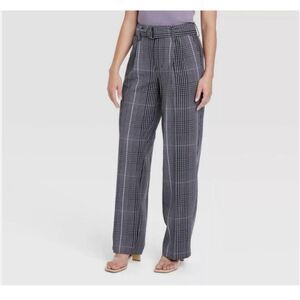 448 Women's Plaid High Rise Wide Leg Trousers with Belt